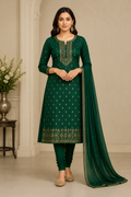 Elegant Emerald Green Embroidered Churidar Set with Dupatta for Women