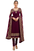 Elegant Wine Embroidered Georgette Churidar Suit with Heavy Dupatta | Women's Ethnic Salwar Kameez
