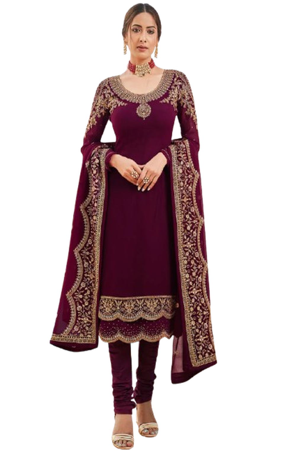Elegant Wine Embroidered Georgette Churidar Suit with Heavy Dupatta | Women's Ethnic Salwar Kameez