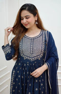 Navy Blue Embroidered Ready-Made Churidar Set with Dupatta