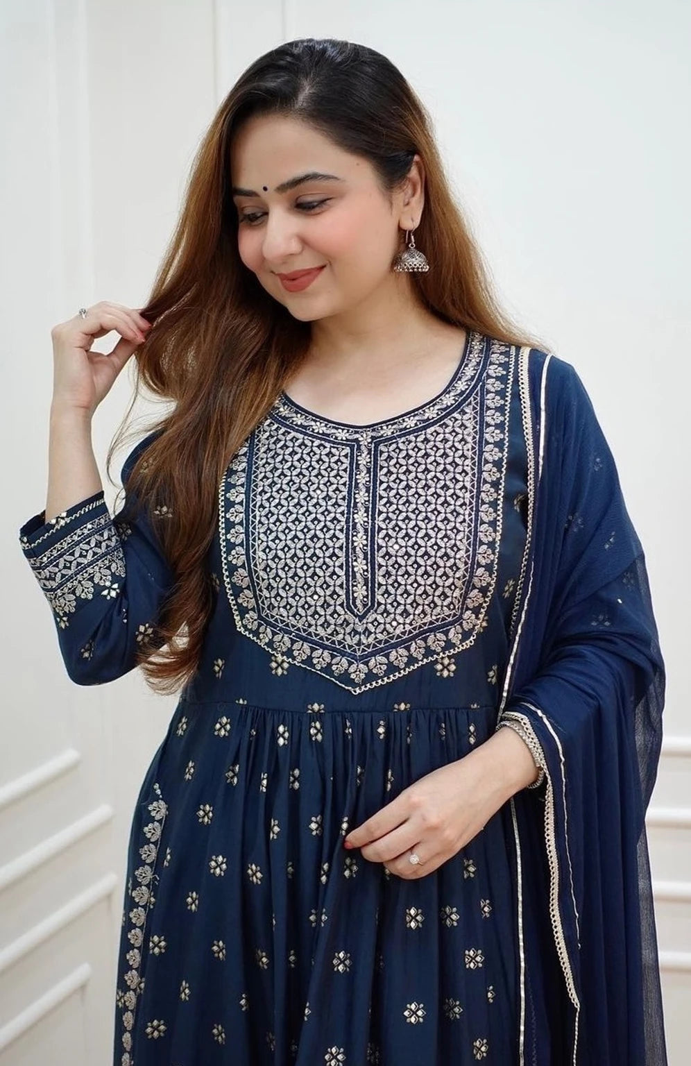 Navy Blue Embroidered Ready-Made Churidar Set with Dupatta